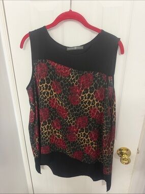 Black Tank Top with Red Rose & Leopard Print Panel